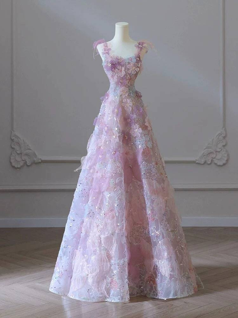 Wunderschöne A-Linie Spaghettiträger Rosa Blumen Pailletten Ballkleider Partykleid 21. Geburtstag Outfits Abschlusskleid AU373