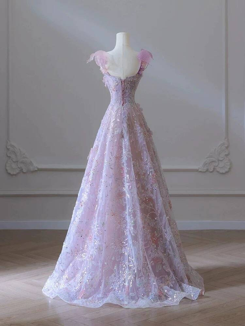 Beautiful A line Spaghetti Straps Pink Floral Sequin Prom Dresses Party Dress 21st Birthday Outfits Graduation Dress AU373