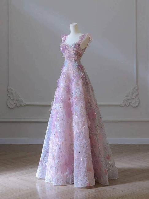 Wunderschöne A-Linie Spaghettiträger Rosa Blumen Pailletten Ballkleider Partykleid 21. Geburtstag Outfits Abschlusskleid AU373