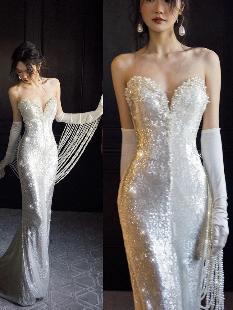 Gorgeous Mermaid Sweetheart White Beads Sequins Prom Dresses Formal Party Teens Evening Gowns AU373