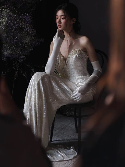 Gorgeous Mermaid Sweetheart White Beads Sequins Prom Dresses Formal Party Teens Evening Gowns AU373