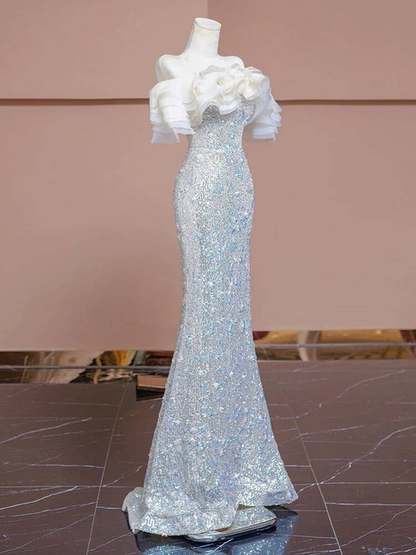 Robe de bal longue argentée à paillettes et épaules dénudées, style sirène sexy, inspiration robe de soirée formelle, robes de bal AU374