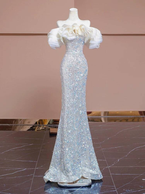 Sexy Mermaid Off The Shoulder Sequin Silver Long Prom Dress Inspiration Party Formal Gown Prom Dresses AU374