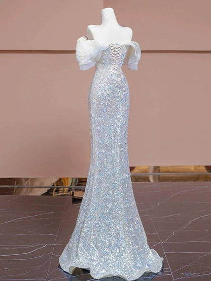 Robe de bal longue argentée à paillettes et épaules dénudées, style sirène sexy, inspiration robe de soirée formelle, robes de bal AU374