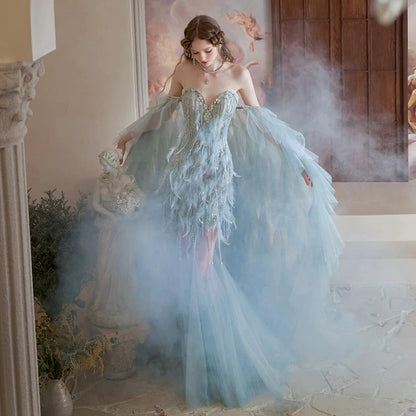 Vintage Mermaid Sweetheart Light Sky Blue Tulle Beaded Feathers Long Prom Dresses Formal Party Teens Evening Gowns AU374