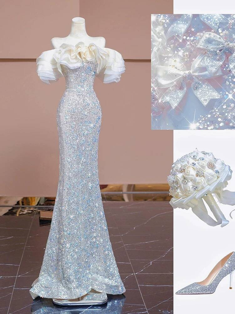 Robe de bal longue argentée à paillettes et épaules dénudées, style sirène sexy, inspiration robe de soirée formelle, robes de bal AU374