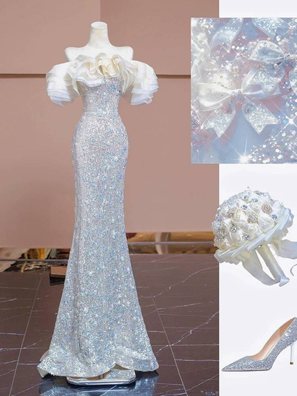 Robe de bal longue argentée à paillettes et épaules dénudées, style sirène sexy, inspiration robe de soirée formelle, robes de bal AU374
