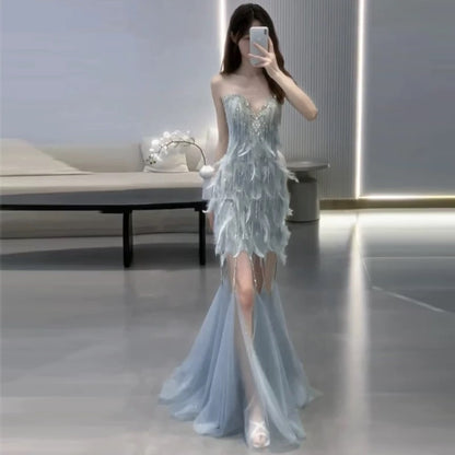 Vintage Mermaid Sweetheart Light Sky Blue Tulle Beaded Feathers Long Prom Dresses Formal Party Teens Evening Gowns AU374