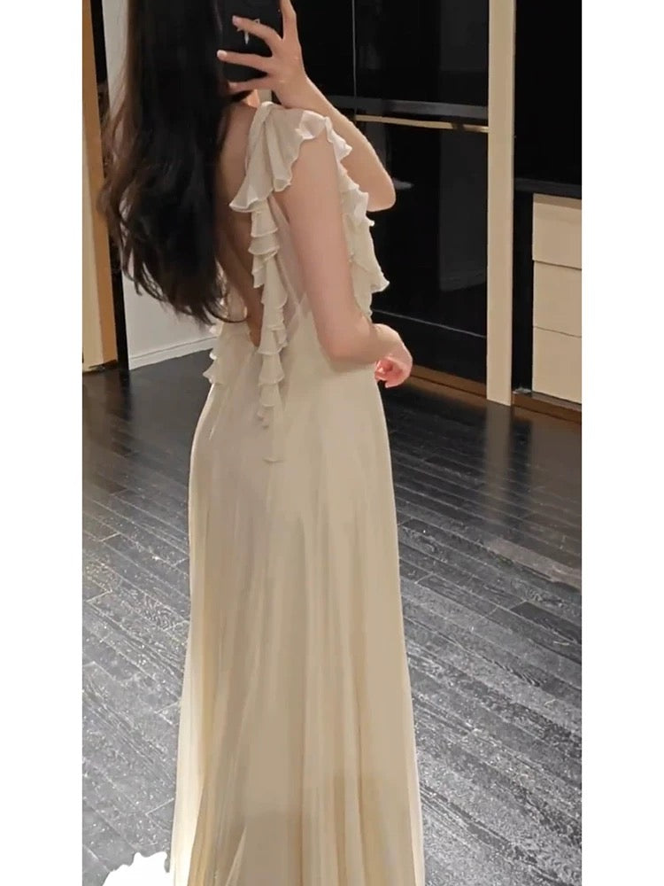 Gorgeous A Line V Neck Chiffon Ivory Long Prom Dresses Formal Party Teens Evening Gowns AU375