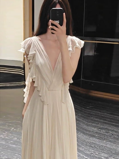 Gorgeous A Line V Neck Chiffon Ivory Long Prom Dresses Formal Party Teens Evening Gowns AU375