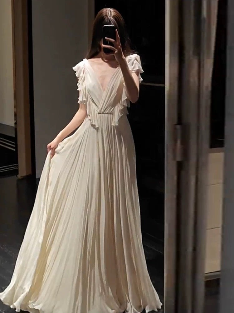 Gorgeous A Line V Neck Chiffon Ivory Long Prom Dresses Formal Party Teens Evening Gowns AU375