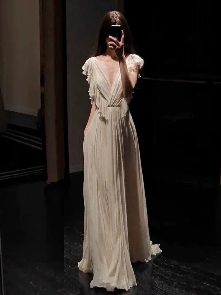 Gorgeous A Line V Neck Chiffon Ivory Long Prom Dresses Formal Party Teens Evening Gowns AU375