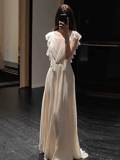Gorgeous A Line V Neck Chiffon Ivory Long Prom Dresses Formal Party Teens Evening Gowns AU375