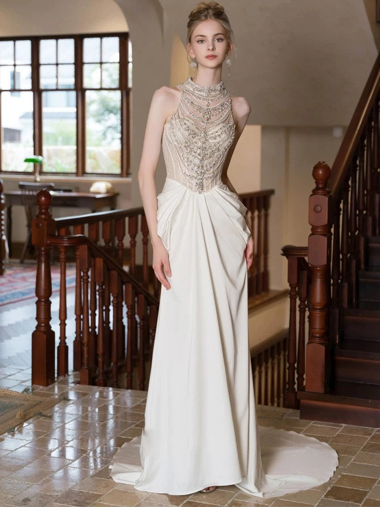 Sexy Mermaid High Neck Chiffon Silver Beads Gem Long Summer Bride Dress Long Bride Dress Classy Wedding Dresses AU376