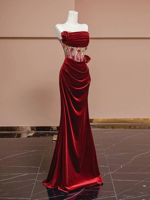 Sexy Meerjungfrau Trägerloses Rotes Samt Ballkleider Partykleid 21. Geburtstag Outfits Abschlusskleid AU377