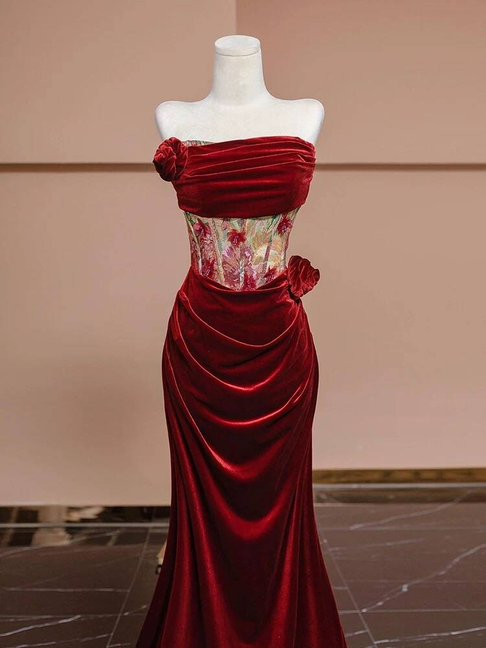 Sexy Meerjungfrau Trägerloses Rotes Samt Ballkleider Partykleid 21. Geburtstag Outfits Abschlusskleid AU377