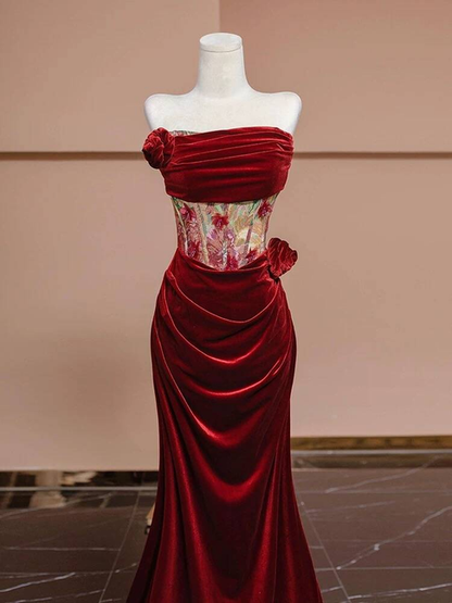 Sexy Meerjungfrau Trägerloses Rotes Samt Ballkleider Partykleid 21. Geburtstag Outfits Abschlusskleid AU377