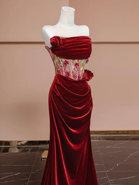 Sexy Meerjungfrau Trägerloses Rotes Samt Ballkleider Partykleid 21. Geburtstag Outfits Abschlusskleid AU377