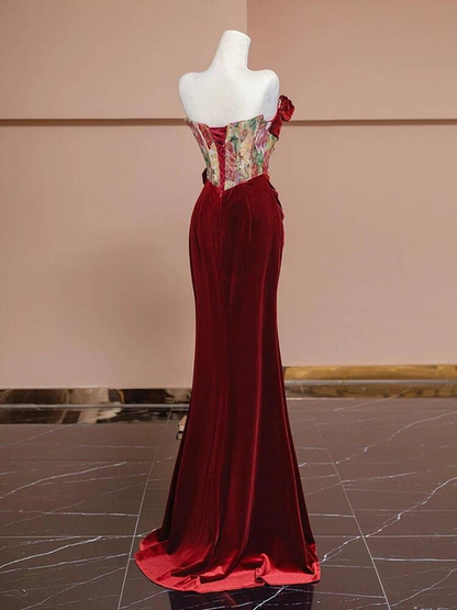 Sexy Meerjungfrau Trägerloses Rotes Samt Ballkleider Partykleid 21. Geburtstag Outfits Abschlusskleid AU377