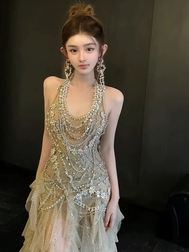 Robe de bal longue sirène vintage dos nu en tulle champagne et perles argentées, idéale pour les soirées formelles et les adolescentes (AU377)
