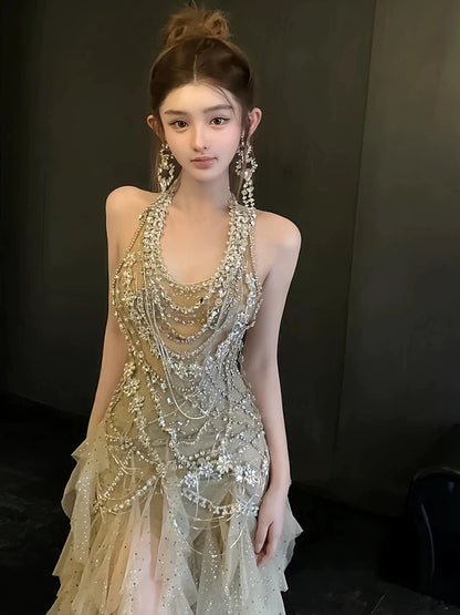 Robe de bal longue sirène vintage dos nu en tulle champagne et perles argentées, idéale pour les soirées formelles et les adolescentes (AU377)