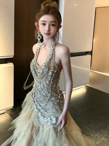 Robe de bal longue sirène vintage dos nu en tulle champagne et perles argentées, idéale pour les soirées formelles et les adolescentes (AU377)