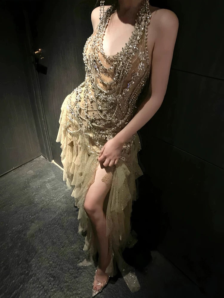 Robe de bal longue sirène vintage dos nu en tulle champagne et perles argentées, idéale pour les soirées formelles et les adolescentes (AU377)