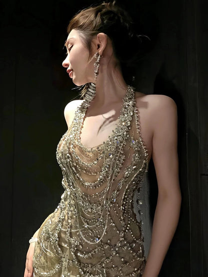 Robe de bal longue sirène vintage dos nu en tulle champagne et perles argentées, idéale pour les soirées formelles et les adolescentes (AU377)