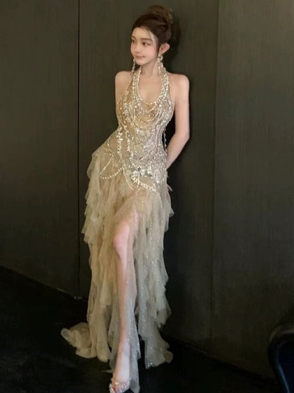 Robe de bal longue sirène vintage dos nu en tulle champagne et perles argentées, idéale pour les soirées formelles et les adolescentes (AU377)