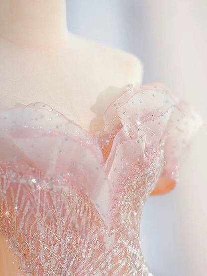 Beautiful A line Off The Shoulder Blush Pink Sequin Prom Dresses Party Dress 16th Birthday Outfits Graduation Dress AU378