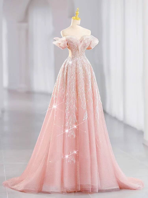 Wunderschönes A-Linien-Abendkleid mit schulterfreiem, errötendem Rosa und Pailletten, Partykleid zum 16. Geburtstag, Abschlusskleid AU378