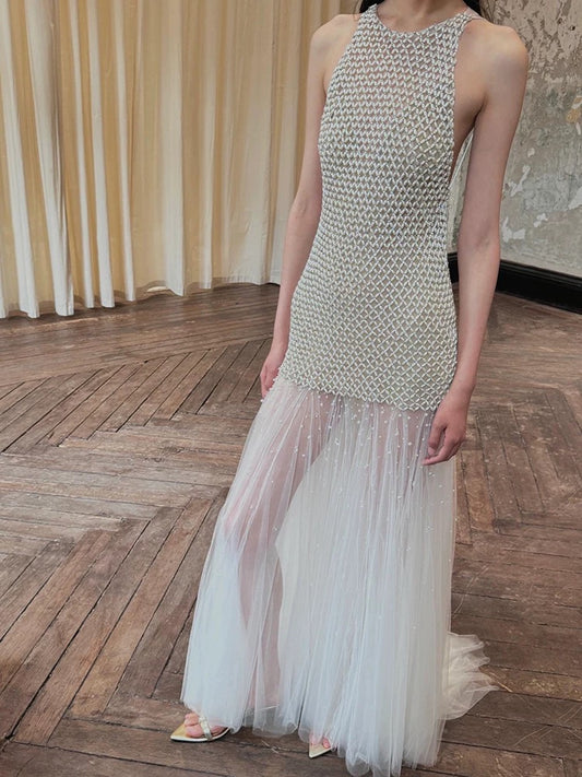 Sexy Mermaid Scoop Tulle With Pearls Gem Long Summer Bride Dress Long Bride Dress Classy Wedding Dresses AU378