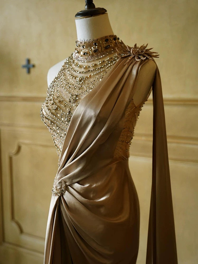 Gorgeous Mermaid One Shoulder High Neck With Beads Pleated Long Prom Dresses Formal Evening Gowns AU379