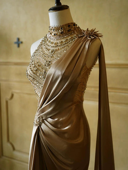 Gorgeous Mermaid One Shoulder High Neck With Beads Pleated Long Prom Dresses Formal Evening Gowns AU379