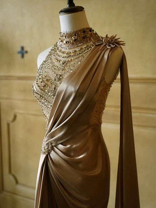 Gorgeous Mermaid One Shoulder High Neck With Beads Pleated Long Prom Dresses Formal Evening Gowns AU379