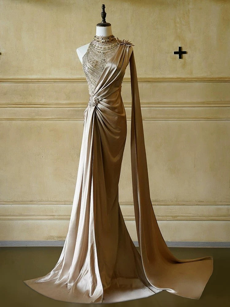 Gorgeous Mermaid One Shoulder High Neck With Beads Pleated Long Prom Dresses Formal Evening Gowns AU379