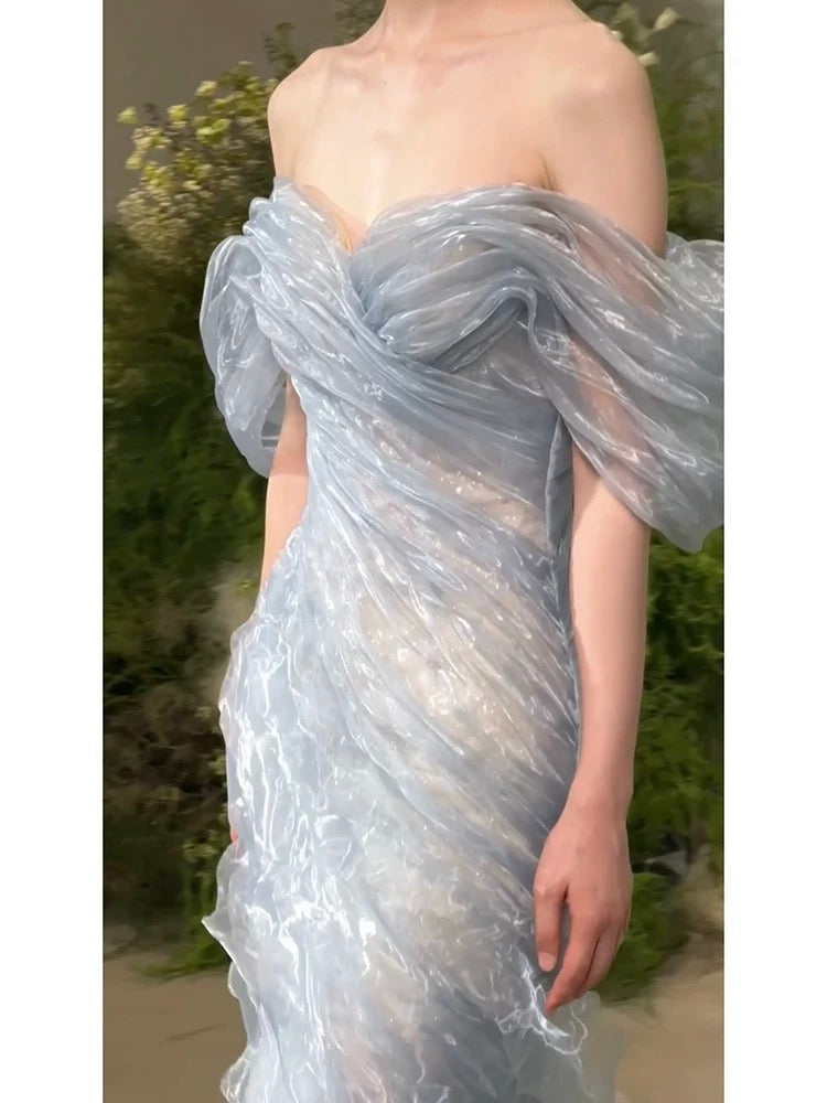 Magnifique robe de bal longue sirène en organza bleu ciel clair, épaules dénudées, pour adolescentes, robe de soirée formelle AU380