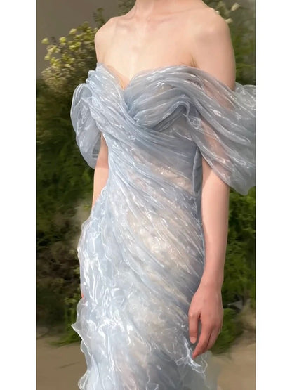 Magnifique robe de bal longue sirène en organza bleu ciel clair, épaules dénudées, pour adolescentes, robe de soirée formelle AU380