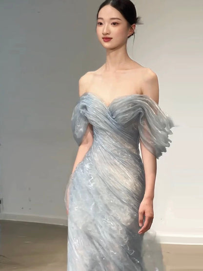 Magnifique robe de bal longue sirène en organza bleu ciel clair, épaules dénudées, pour adolescentes, robe de soirée formelle AU380