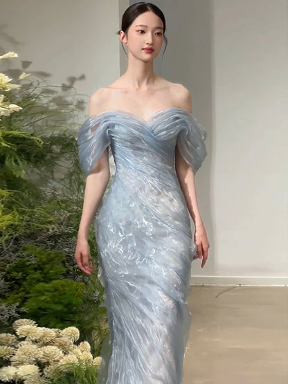 Magnifique robe de bal longue sirène en organza bleu ciel clair, épaules dénudées, pour adolescentes, robe de soirée formelle AU380