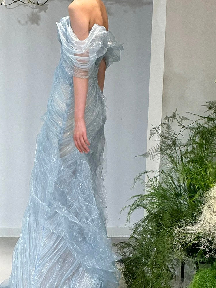 Magnifique robe de bal longue sirène en organza bleu ciel clair, épaules dénudées, pour adolescentes, robe de soirée formelle AU380