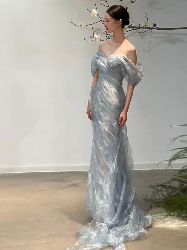 Magnifique robe de bal longue sirène en organza bleu ciel clair, épaules dénudées, pour adolescentes, robe de soirée formelle AU380