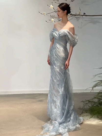 Magnifique robe de bal longue sirène en organza bleu ciel clair, épaules dénudées, pour adolescentes, robe de soirée formelle AU380
