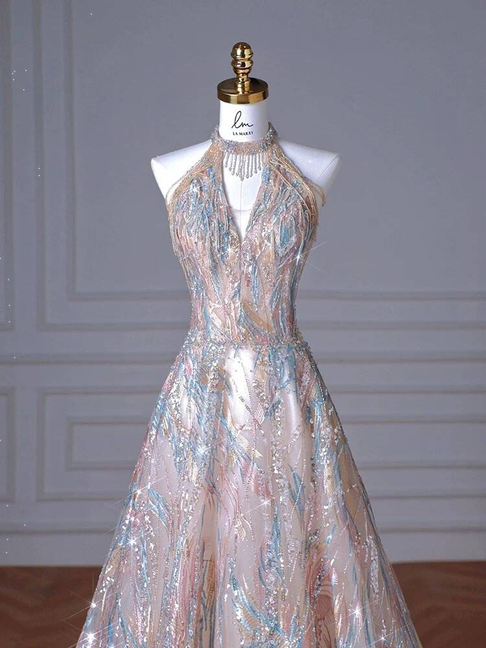Beautiful Ball Gown High Neck Long Sequin Prom Dresses Party Dress 16th Birthday Outfits Graduation Dress AU381