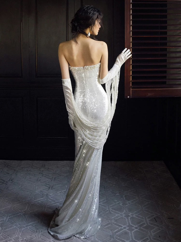 Gorgeous Mermaid Sweetheart White Beads Sequins Prom Dresses Formal Party Teens Evening Gowns AU373
