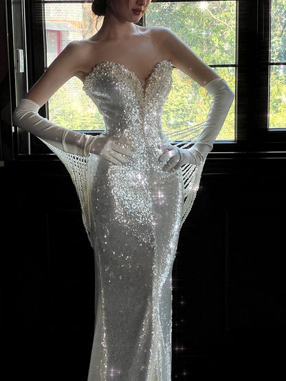 Gorgeous Mermaid Sweetheart White Beads Sequins Prom Dresses Formal Party Teens Evening Gowns AU373