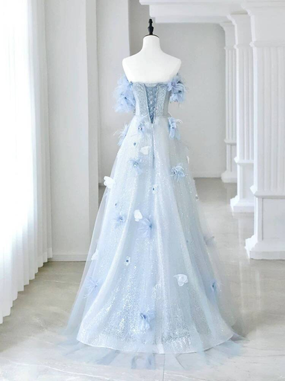 Modest Ball Gown Off The Shoulder Blue Sequin Long Prom Dress Inspiration Party Formal Gown Prom Dresses AU382