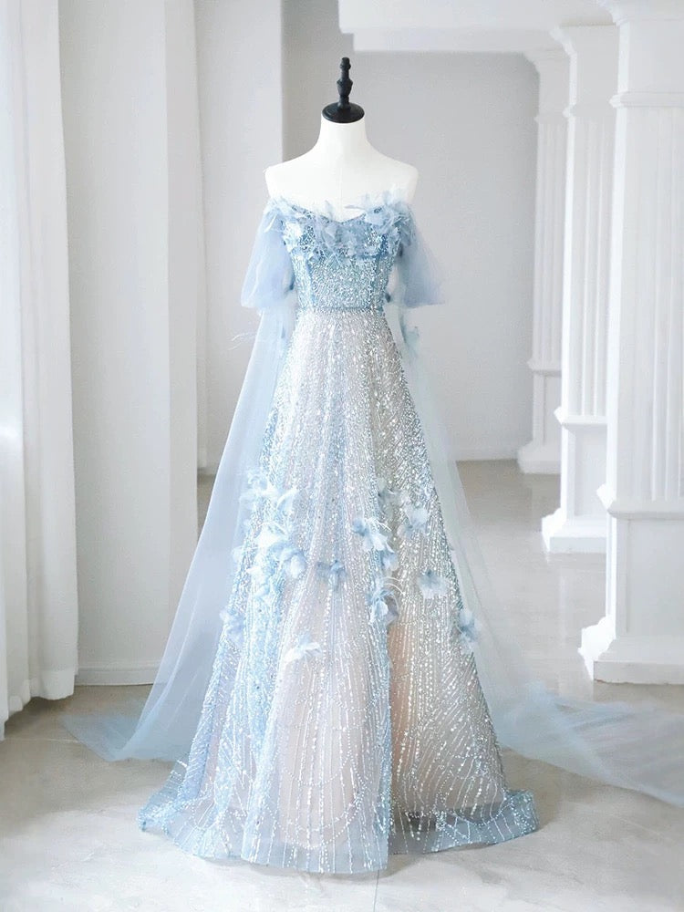 Magnifique robe de bal longue bleu ciel clair en tulle à sequins, coupe trapèze, épaules dénudées, idéale pour les soirées formelles et les jeunes filles (AU382).