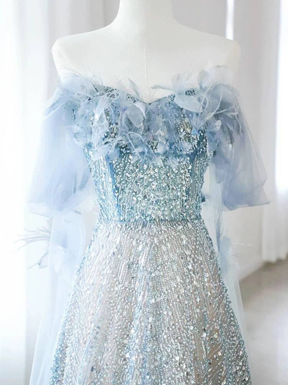Modest Ball Gown Off The Shoulder Blue Sequin Flowers Long Prom Dress Inspiration Party Formal Gown Prom Dresses AU383