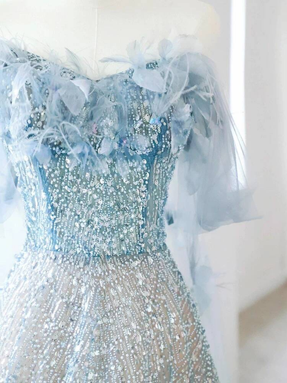 Modest Ball Gown Off The Shoulder Blue Sequin Flowers Long Prom Dress Inspiration Party Formal Gown Prom Dresses AU383